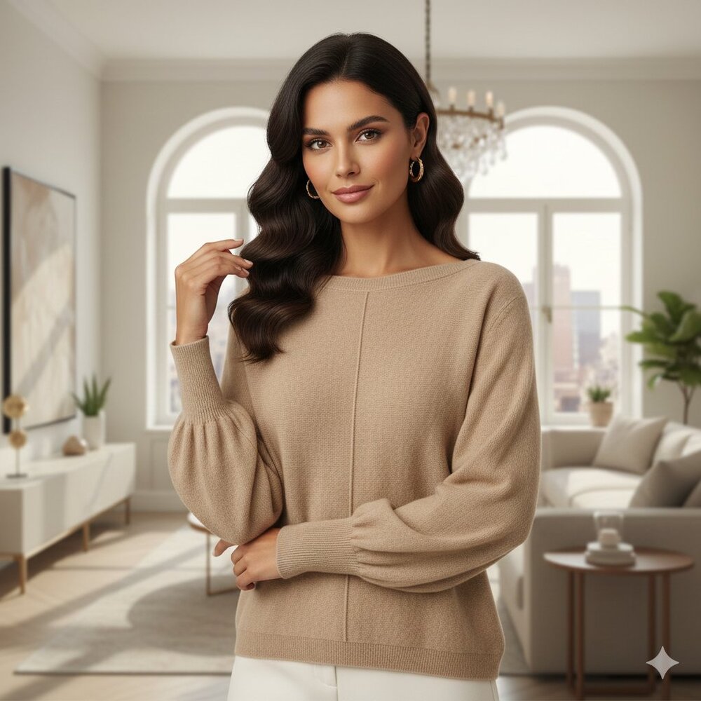 Knyt & Lynk Women Sz Medium 100% Cashmere Sweater Beige Luxury Cozy Lightweight